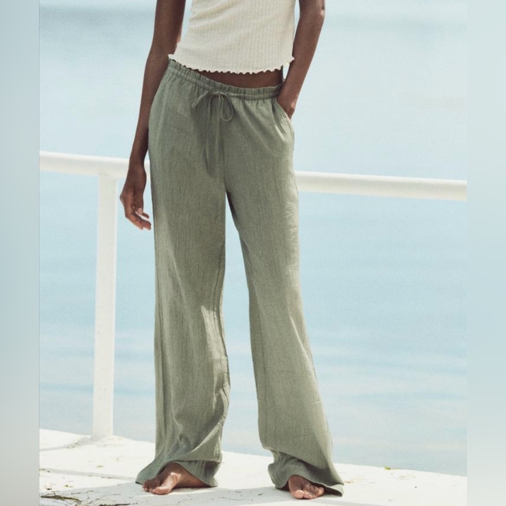 Zara sage green textured crinkle linen pants